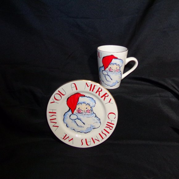 Rosanna Porcelain Christmas SET 8" Plate and Matching 4.5 " Mug Santa gold trim - Picture 6 of 16